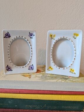 Vintage Lot Of Two Small Hand Painted Floral Porcelain Picture Frames Signed '79